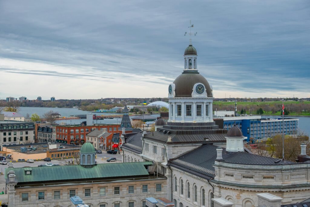 Scenic view of the historic Kingston City Hall and waterfront in Ontario, Canada.
